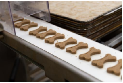 Bone-shaped dog treats moving along the Tail Bangers production line